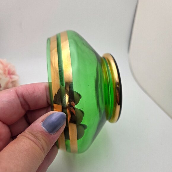 Vintage Bohemian Green Glass Lidded Candy Dish With Gold Stripes Mid Century - Picture 4 of 16